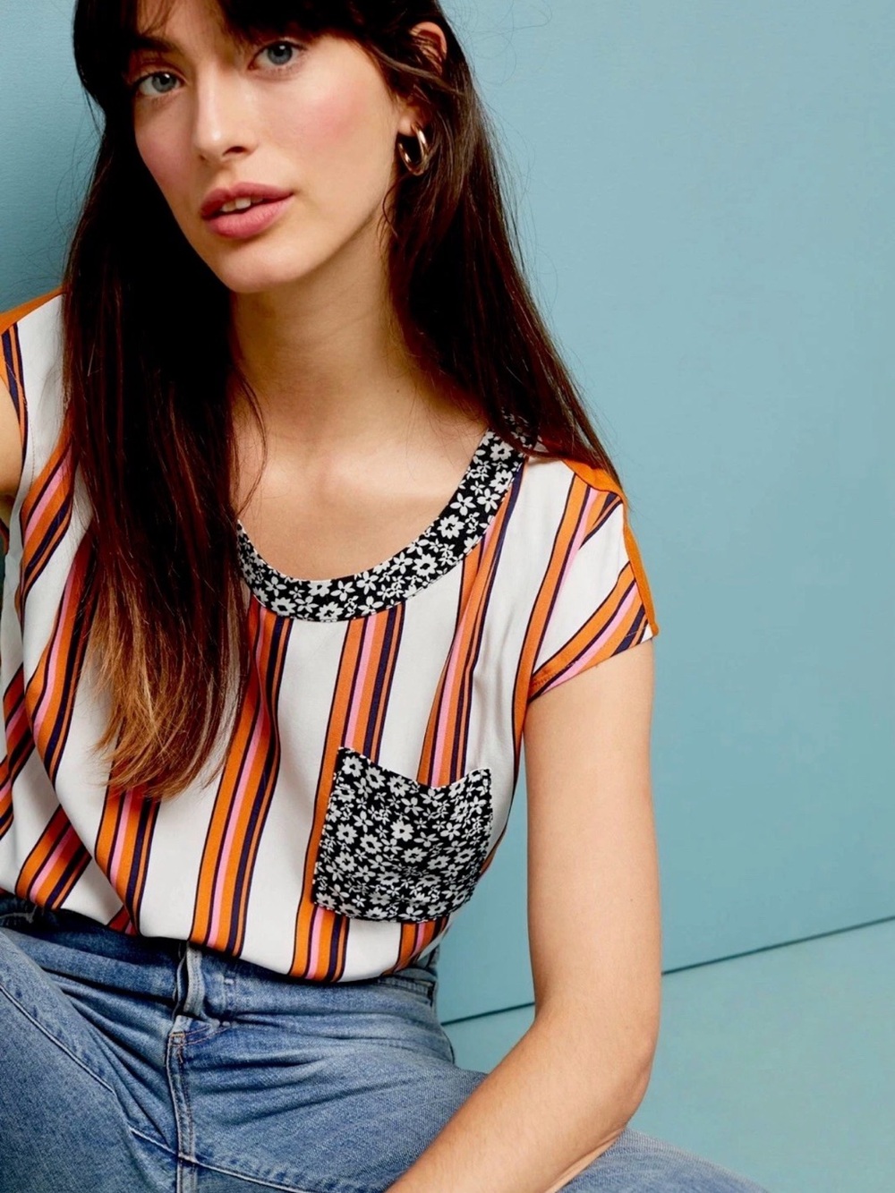 Anthropologie Petani Mixed Print Stripes & Floral Pocket Tee, Size XS